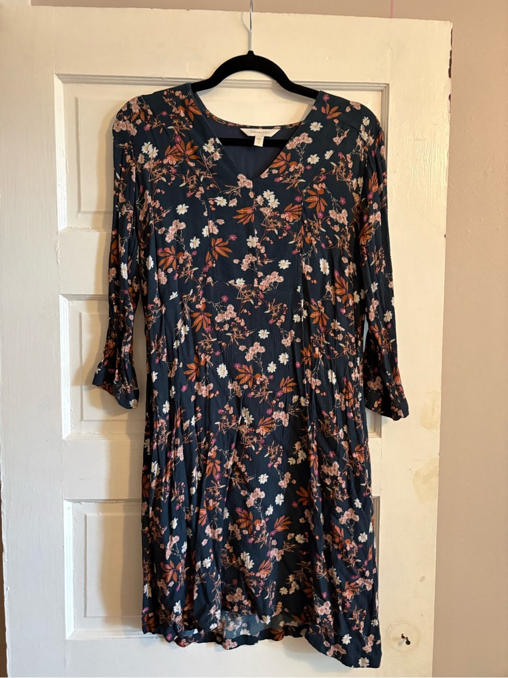 Garnet Hill Navy Floral V-Neck Long Sleeve Dress